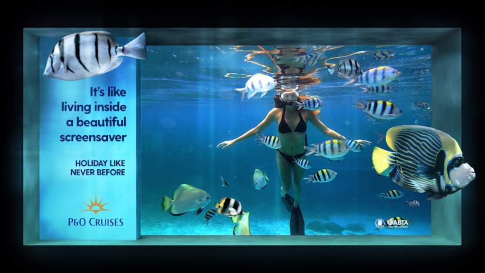 underwater scene, with fish swimming out of the screen